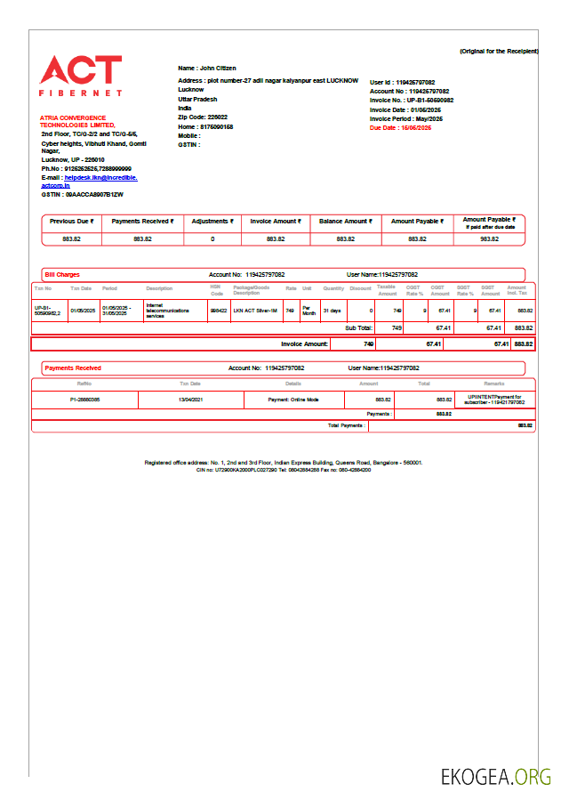 India ACT Fibernet utility bill template in Word and PDF formats